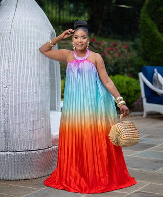 MULTI COLOR PLEATED MAXI DRESS WITH OPEN BACK
