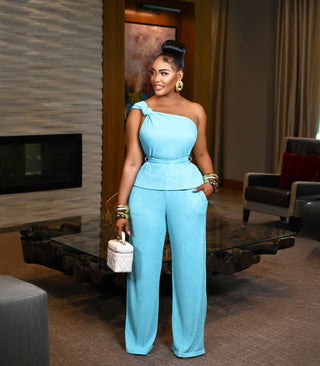 Knotted One Shoulder Plisse Knit Top With Pants Set