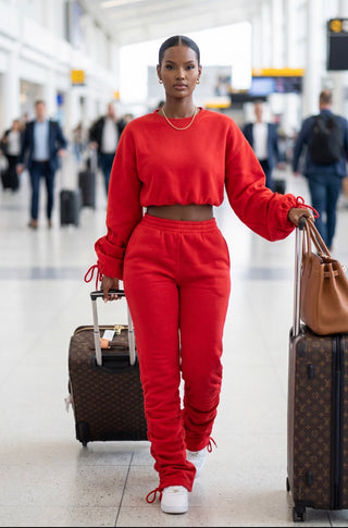 RUCHED SLEEVE CROP TOP & JOGGER LEG PANTS SET