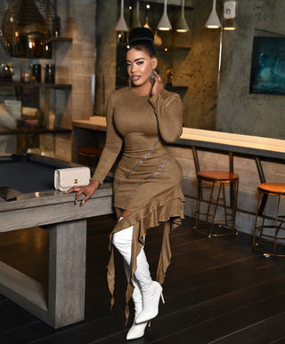 NAOMI SUEDE ZIPPERED RUFFLE MINI DRESS - MOCHA