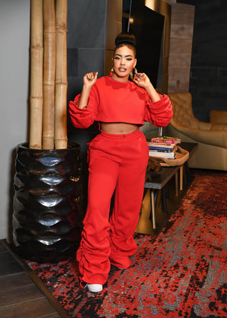 RUCHED SLEEVE CROP TOP & JOGGER LEG PANTS SET