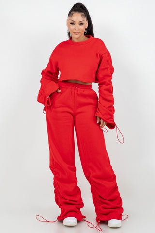RUCHED SLEEVE CROP TOP & JOGGER LEG PANTS SET