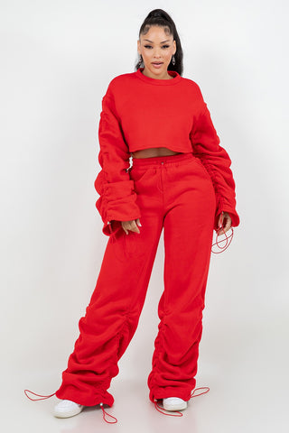 RUCHED SLEEVE CROP TOP & JOGGER LEG PANTS SET