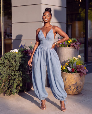 Denim Plunge Neck Corset Top Balloon Pants Jumpsuit