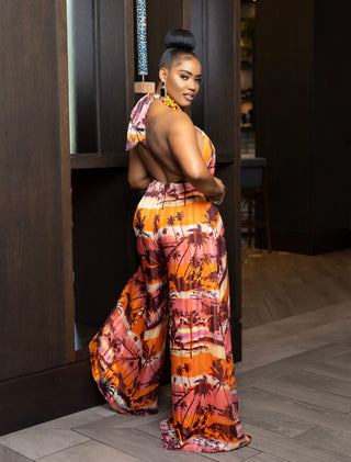 BELIZE BEADED HALTER FLOWY WIDE LEG JUMPSUIT