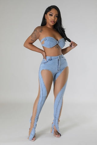 TWO PIECE PORSHA DENIM NUDE SHEER ACCENT HIGH ANKLE SLIT JEANS
