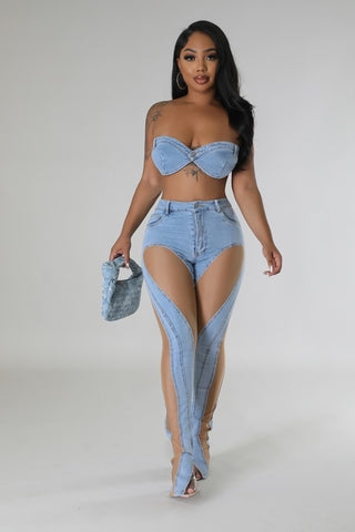 TWO PIECE PORSHA DENIM NUDE SHEER ACCENT HIGH ANKLE SLIT JEANS
