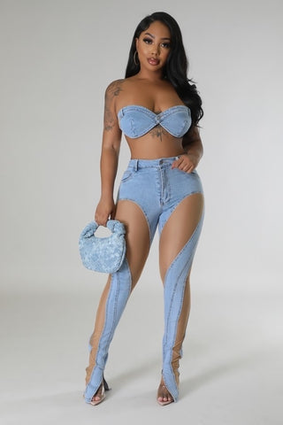 TWO PIECE PORSHA DENIM NUDE SHEER ACCENT HIGH ANKLE SLIT JEANS