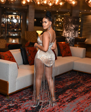 Nude Ivon Satin Rhinestone Mini Dress