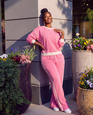Pink Contrast trim piping sweater set