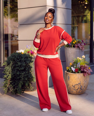 Red Contrast trim piping sweater set