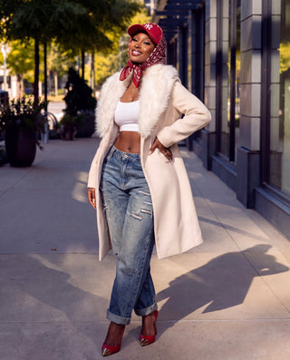 Faux Fur Collar Belted Midi Coat