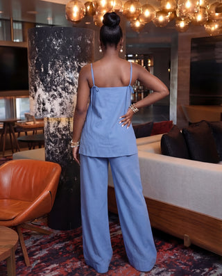 Blue Spaghetti Strap Top & Wide-leg Pants Set