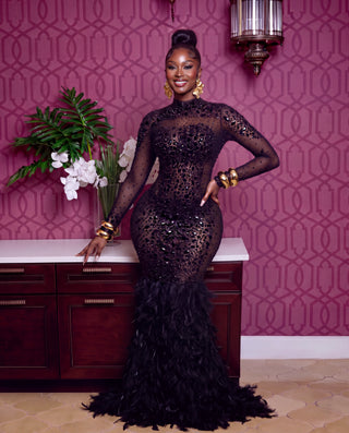 Black Carpet Glamour Luxury Red rhinestone Feather Gown