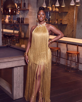Beaded Halter Fringe Maxi Dress