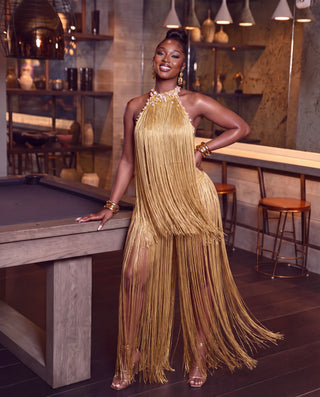 Beaded Halter Fringe Maxi Dress