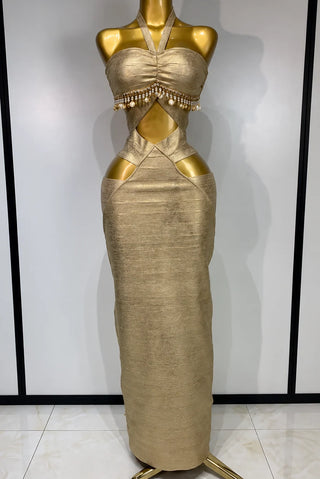 GOLD METALLIC CUT-OUT HALTER MAXI DRESS