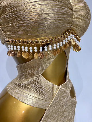 GOLD METALLIC CUT-OUT HALTER MAXI DRESS