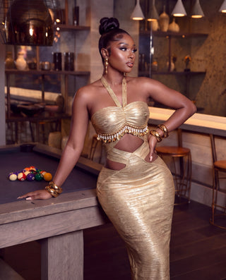 GOLD METALLIC CUT-OUT HALTER MAXI DRESS