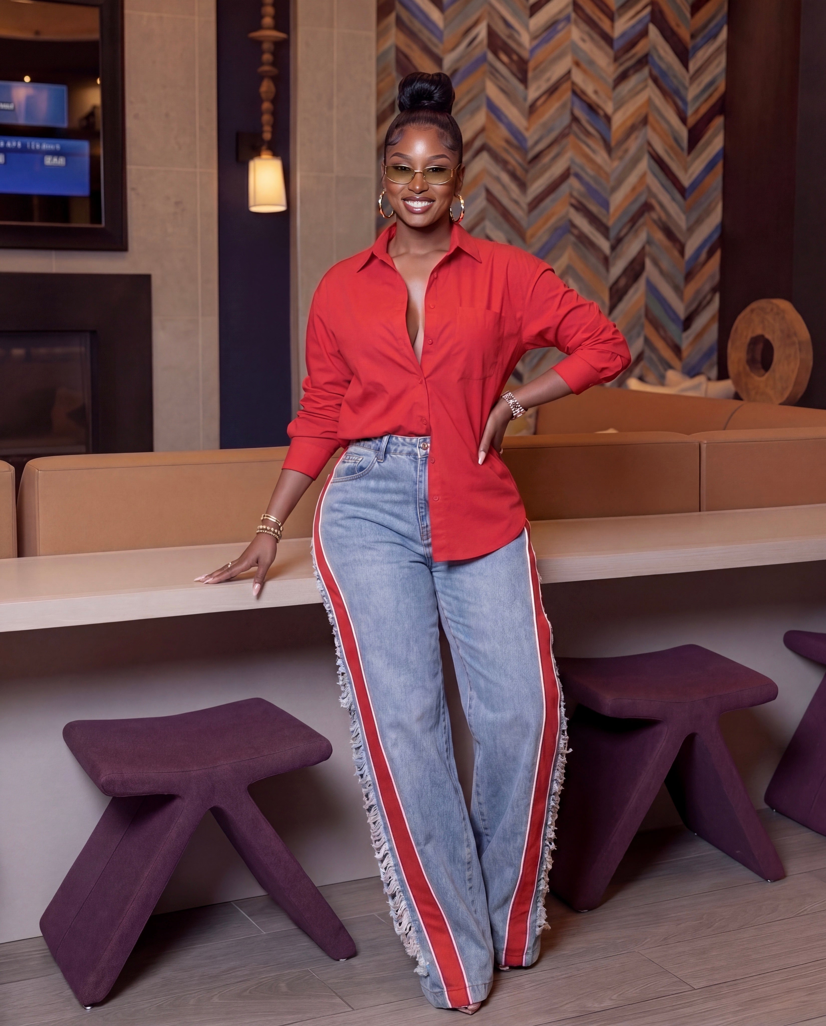 Distressed Colorblock SHY GIRL COLORBLOCK DISTRESS DENIM ( RED ) – Nalu Boutique