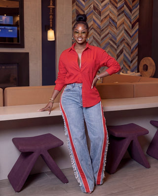 SHY GIRL COLORBLOCK DISTRESS DENIM ( RED )