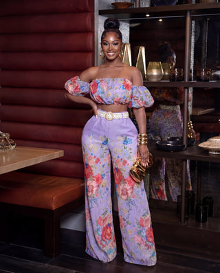 Always The Moment Floral Print Two-Piece Wide-Leg set ( Lavender)
