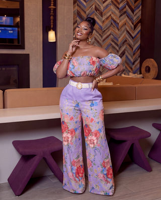 Always The Moment Floral Print Two-Piece Wide-Leg set ( Lavender)