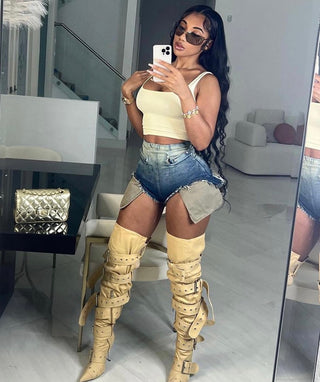 High Waist Ombre Tassel Large Pocket Denim shorts