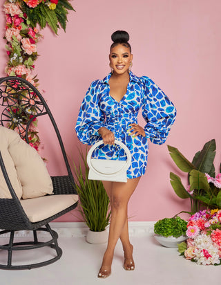 SPOTTED BUTTON UP SHIRRED DRESS