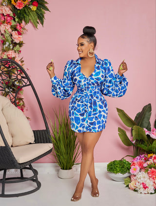 SPOTTED BUTTON UP SHIRRED DRESS