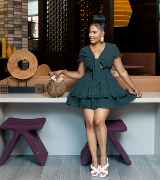 Open Front Ruffled Linen Mini Dress