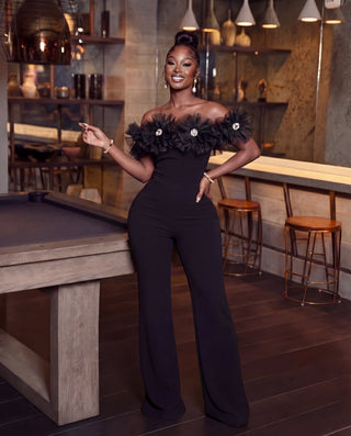 Off Shoulder Flower Aligned Stone Jumpsuit