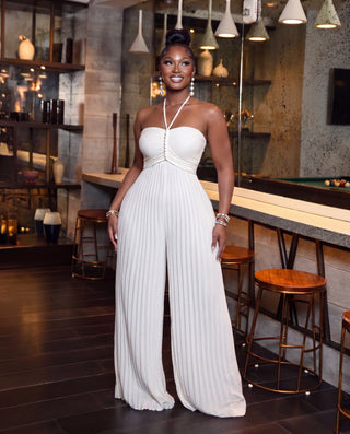 White Pleated Braided Strap Halter Neck Jumpsuit