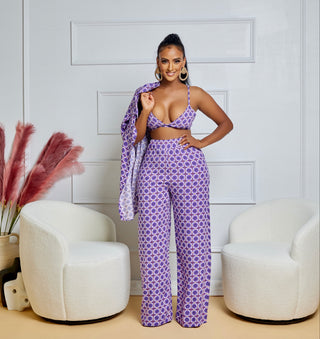BRALETTE W LONG SLEEVE BUTTON UP TOP AND PANTS SET