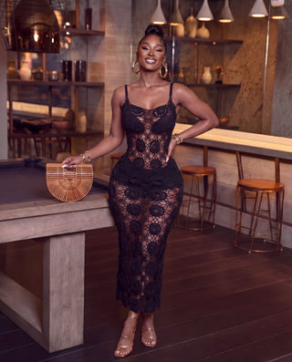 Black Rose Crochet Flower Bodycon Maxi Dress