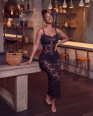 Black Rose Crochet Flower Bodycon Maxi Dress
