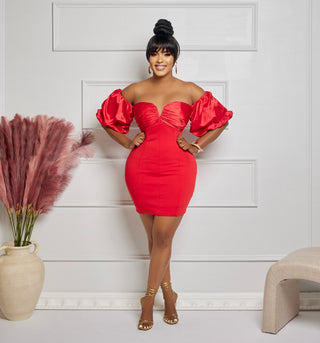 PUFF SLEEVE SATIN PONTE MINI DRESS