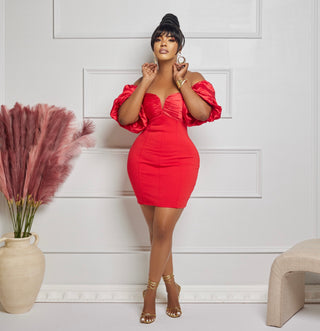 PUFF SLEEVE SATIN PONTE MINI DRESS