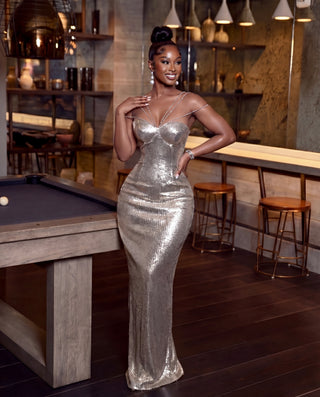 Chiquita Rhinestone Sequin Maxi Dress in Silver