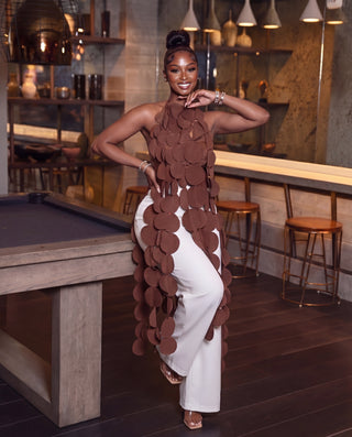Brown circle cutout halter top