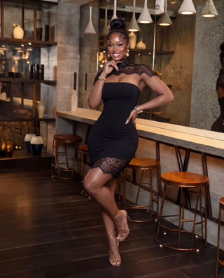 MICHELLA BLACK LACE TRIM BANDEAU MINI DRESS