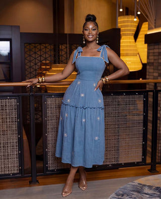 Garment Washed Denim Tiered Midi Dress