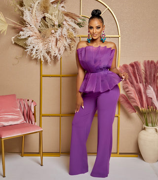 MIKELA PURPLE TULLE PLEATED PEPLUM TOP JUMPSUIT