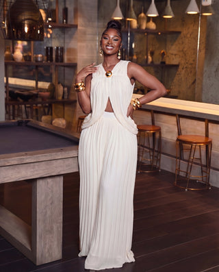 Lavish Pleated Halter Palazzo Pants Set