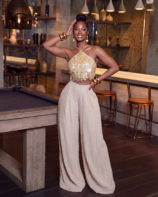 Seashell Halter Top And Crinkle Wide Leg Pants Set