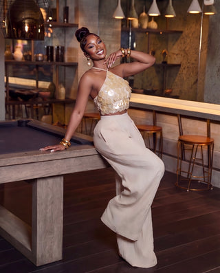 Seashell Halter Top And Crinkle Wide Leg Pants Set