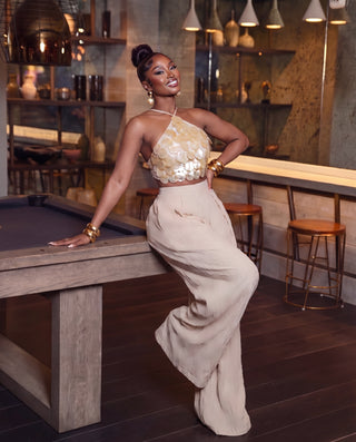 Seashell Halter Top And Crinkle Wide Leg Pants Set