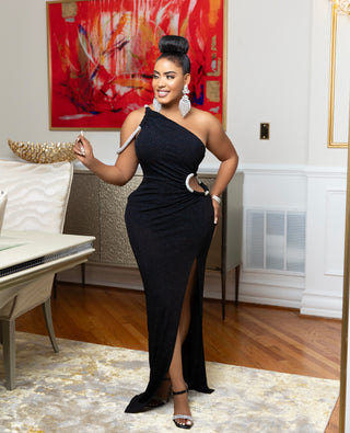 BLACK GLITTERED ONE SHOULDER MAXI DRESS
