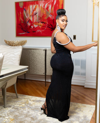 BLACK GLITTERED ONE SHOULDER MAXI DRESS
