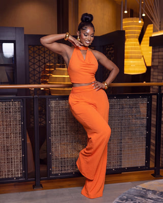 Trim Detail Draped Neck Halter Top with Wide Leg Pants Set